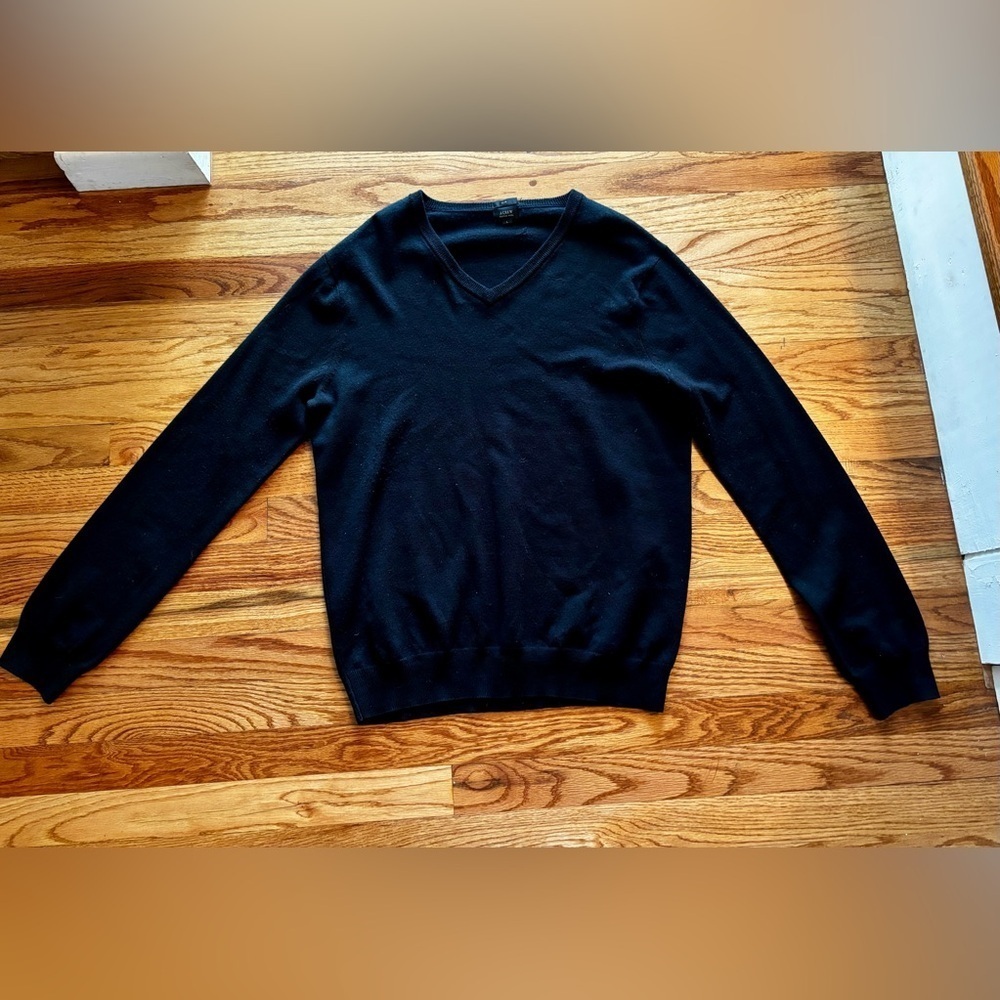 J. Crew Men's Classic Black Crewneck Sweater - Large - Slim Fit - Merino Wool